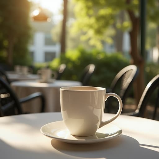 머그컵, 주방용품, 고급 레스토랑 테라스와 무성한 녹지, 평화롭고 세련된 분위기.