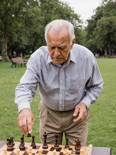 이미지는 80대의 혼혈 남성이 편안한 체크무늬 셔츠와 슬랙스를 입고 체스판을 바라보며 깊은 생각에 잠긴 모습을 보여줍니다. 그는 다음 수를 고민하는 듯한 점프하는 자세를 취하고 있으며, 평화로운 공원의 나무와 벤치가 배경을 이루고 있습니다.