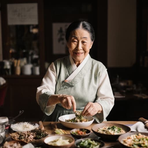 전통 한국 한복을 입고 미소를 짓고 있는 80대 백인 여성의 따뜻한 이미지로, 아늑한 카페에서 전통 음식을 준비하고 있습니다. 그녀의 우아한 움직임과 음식 재료로 가득한 아늑한 배경이 아름다운 문화적 장면을 만들어냅니다.