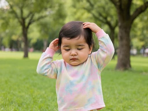 부드러운 파스텔 색상의 잠옷을 입은 중동계 여성 아기가 공원에서 머리를 만지작거리며 지루한 표정을 짓고 있는 모습의 반신 샷입니다.
