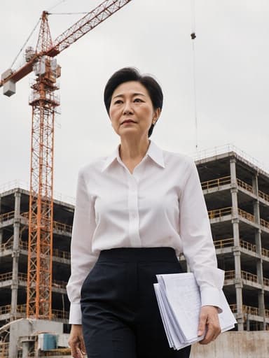 40대 동양인 여성의 반신 사진으로, 전문적인 블라우스와 정장 바지를 착용하고 있습니다. 건축 설계 도면을 들고 걷고 있으며, 무관심한 표정으로 주위를 바라보고 있습니다. 배경에는 크레인과 건물 골조가 있는 분주한 건축 현장이 펼쳐져 있어 그녀의 건축 전문가로서의 역할을 강조합니다.