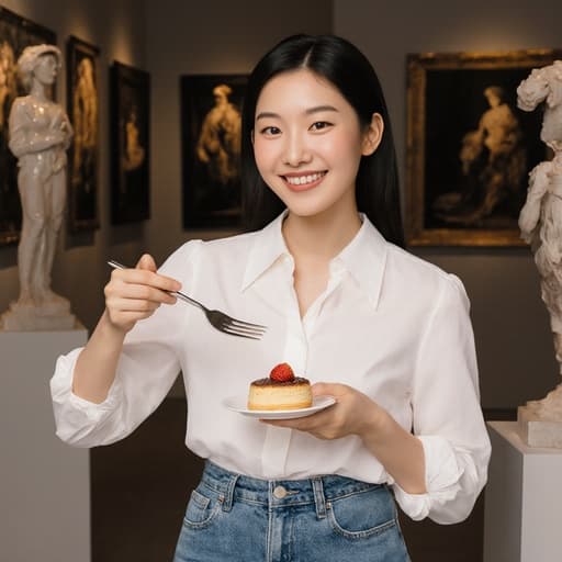 10대 초반의 동양인 소녀가 세련된 화이트 블라우스와 청바지를 입고, 한 손에 고급스러운 디저트를 들고 다른 손으로 포크를 사용하며 자신감 있는 미소를 짓고 있는 모습이 예술 작품들로 가득한 세련된 전시 공간에서 담겨 있습니다.