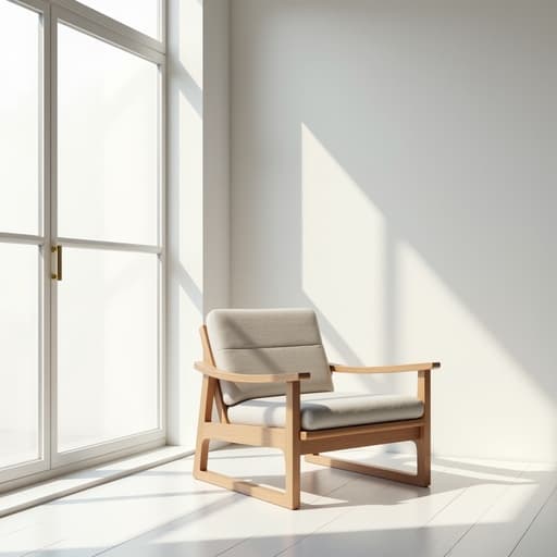 매끄러운 나무 마감과 부드러운 직물 장식이 있는 미니멀리스트 의자가 큰 창문이 있는 밝고 통풍이 잘 되는 미니멀리스트 공간에 배치되어 평화롭고 깔끔한 분위기를 연출합니다.