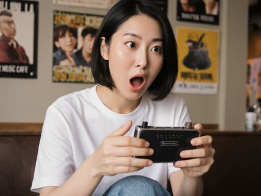 30대의 놀란 한국인 여성이 흰색 티셔츠와 청바지를 입고, 음악 포스터가 붙어 있는 아늑한 카페에서 녹음 장비를 조작하는 모습의 반신 사진.