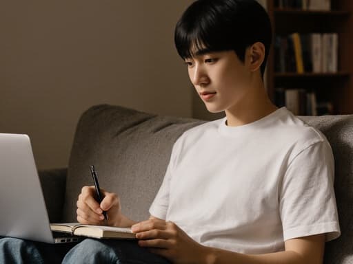 10대 후반의 동양인 남성이 자연스러운 외모로 캐주얼한 의상을 입고 반신 사진으로 촬영되었습니다. 그는 아늑한 거실에 앉아 한 손에는 노트북을 들고 다른 손으로 메모를 하며 글쓰기의 즐거움을 느끼고 있는 편안하고 기쁜 분위기를 풍깁니다.