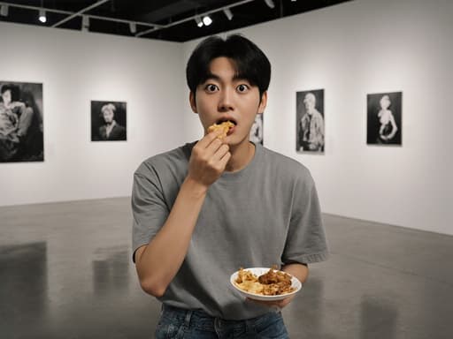 10대 초반의 자연스러운 외모를 가진 한국인 남성이 편안한 티셔츠와 청바지를 입고 놀란 표정을 지으며 음식을 들고 입으로 가져가려는 동작을 하고 있습니다. 배경은 현대적인 전시실로 여러 사진 작품들이 걸려 있어 매력적인 분위기를 자아냅니다.