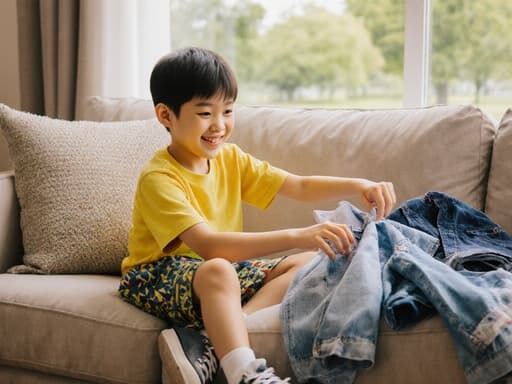 아늑한 거실 소파에 앉아 옷을 고르며 즐겁게 웃고 있는 귀여운 7세 아시아계 남성의 반신 사진. 밝은 색상의 티셔츠와 반바지를 입고 편안한 운동화를 신은 모습입니다. 배경은 공원이 보이는 아늑한 거실 풍경으로, 즐겁고 생동감 넘치는 분위기를 더해줍니다.