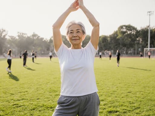 운동복을 입고 있는 50대 아시아계 여성의 반신 사진으로, 활기찬 운동장에서 우아하게 스트레칭하는 모습입니다. 자연스러운 아름다움과 자신감을 발산하며, 활동적인 환경 속에서 웰빙과 활력을 담고 있습니다.