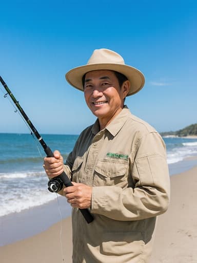 이 이미지는 40대의 친근한 아시아 남성이 실용적인 낚시 복장을 입고 따뜻한 미소를 지으며 낚싯대를 들고 물고기를 잡기 위해 기다리는 자세를 취한 반신 사진을 담고 있으며, 아름다운 바닷가 배경이 어우러져 있습니다.