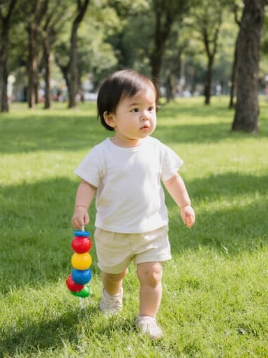 1세 한국인 여성 아기가 지루한 표정을 지으며 공원에서 천천히 걷고 있으며 물놀이 장난감을 손에 쥐고 있는 전신 사진. 편안한 반팔 티셔츠와 반바지를 입고 있으며, 푸른 잔디와 나무들이 어우러져 놀면서도 편안한 분위기를 연출하고 있습니다.