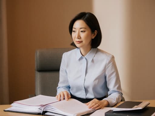 40대 한국인 여성의 반신 촬영으로, 깔끔한 블라우스와 정장 바지를 입고 테이블에 앉아 파일을 정리하는 모습입니다. 법률 상담실의 따뜻한 배경이 친근한 분위기를 더해줍니다.