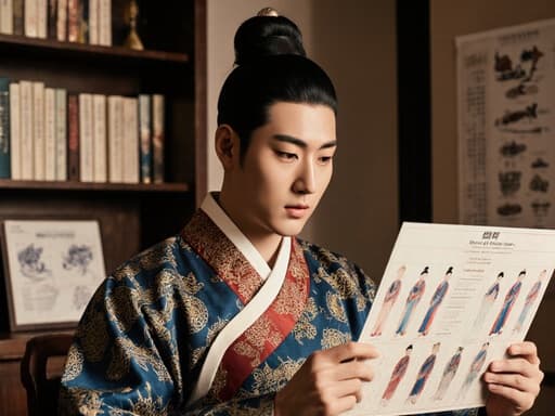 전통 한복을 입은 20대 한국 남성이 상담실에서 차트를 분석하며 자신감 넘치는 모습의 반신 사진. 전통 한의학 자료로 가득 찬 공간이 따뜻하고 초대하는 분위기를 자아냅니다.