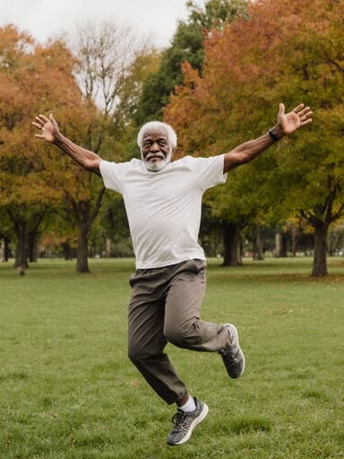 70대 아프리카계 남성이 공원에서 기쁘게 점프하고 있으며, 주름진 얼굴과 흰 머리를 가지고 있습니다. 그는 편안한 티셔츠와 바지를 입고 있으며, 그의 눈빛은 고독함을 반영하지만, 하늘을 향해 팔을 벌리며 자유를 표현하고 있습니다. 배경은 푸르른 잔디와 나무들이 어우러져 있습니다.