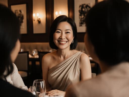 40대 아시아계 여성의 반신 샷으로, 고급스러운 드레스를 입고 친구들과 대화하며 웃고 있는 모습이 세련된 레스토랑 내부에서 포착되었습니다. 아늑한 조명이 분위기를 따뜻하게 만들어 주며, 순간의 즐거움을 강조합니다.
