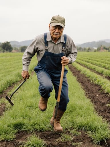 이 이미지는 작업복을 입고 한쪽 발로 점프하며 농기구를 들고 있는 60세 아시아 남성을 보여줍니다. 배경은 푸른 잔디와 작물들이 있는 아름다운 농장 풍경으로, 그의 지루한 표정에도 불구하고 농업 생활과의 연결을 강조합니다.