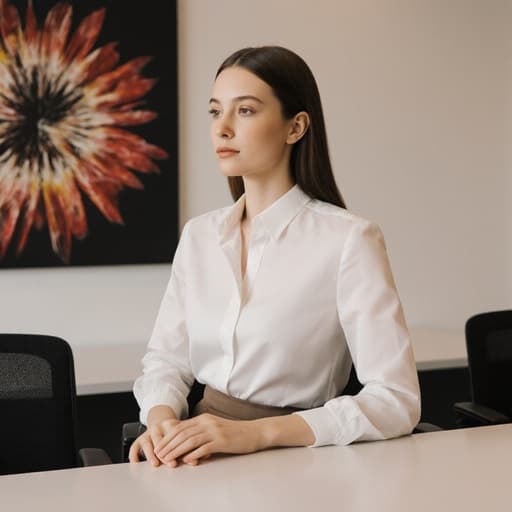 20대 백인 여성이 깔끔한 블라우스와 슬랙스를 입고 현대적인 회의실의 회의 테이블에 우아하게 앉아 있습니다. 그녀는 자연스러운 외모를 가지고 있으며, 예술 교육 세미나에 집중하고 있는 모습이 주변의 전문적이고 창의적인 분위기를 완벽하게 표현하고 있습니다.