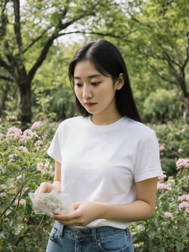 10대 초반의 동양인 소녀가 푸르른 공원에서 편안한 티셔츠와 청바지를 입고, 식물 보호제를 손에 들고 심각한 표정으로 식물을 살펴보고 있습니다. 배경은 생기 넘치는 나무와 꽃들로 가득 차 있어 그녀의 식물 관리에 대한 고민을 강조하는 평화로운 분위기를 만들어냅니다.