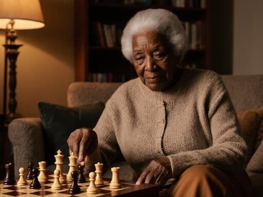 아늑한 거실에 있는 80세 흑인 여성의 차분한 반신 초상으로, 니트 스웨터와 따뜻한 바지를 입고 체스판과 상호작용하며 편안하고 초대하는 분위기를 풍기고 있습니다.