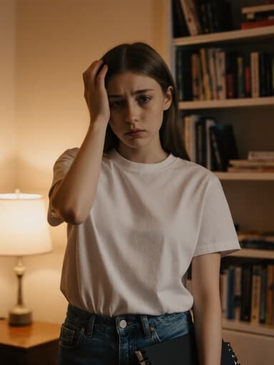 10대 초반의 유럽계 소녀의 반신 사진으로, 편안한 티셔츠와 청바지를 입고 자연스러운 외모를 가지고 있습니다. 그녀의 표정은 약간의 피곤함이 느껴지며, 한 손에는 노트를 들고 다른 손으로 머리를 살짝 감싸고 서 있습니다. 배경의 아늑한 거실은 부드러운 조명이 비추는 책장으로 구성되어 있으며, 그녀의 사색적인 자세를 강조하는 따뜻한 분위기를 만들어냅니다.