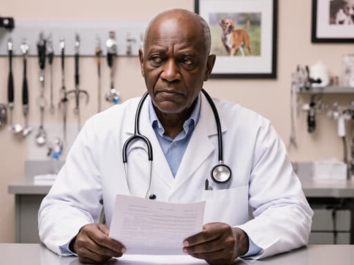 60대 흑인 남성이 수의사 의사복을 입고 청진기를 목에 걸고, 동물 진료 기록을 들고 고민하는 듯한 모습으로 테이블에 앉아 있는 반신 사진. 배경은 동물 사진과 진료 도구가 진열된 동물 병원의 진료실입니다.