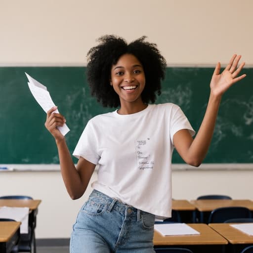 늦은 10대 흑인 여성 모델이 교실에서 자신감 있게 서 있습니다. 그녀는 편안한 티셔츠와 청바지를 입고 밝게 웃으며 한 손에는 시험지를 들고 다른 손으로는 마치 춤추듯이 동작을 취하고 있습니다. 교실 환경은 책상과 칠판으로 꾸며져 있어 학문적인 삶의 주제를 더욱 강조합니다.
