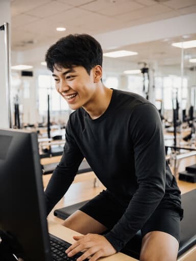 10대 초반의 혼혈 남성이 필라테스에 적합한 긴 소매 티셔츠와 짧은 반바지를 입고 활기차게 컴퓨터로 수업을 준비하고 있는 모습. 필라테스 스튜디오 내부에는 매트와 다양한 장비가 배치되어 있습니다.