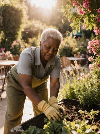 40대 아프리카계 여성이 편안한 작업복과 장갑을 착용하고 피곤하지만 뿌듯한 표정을 지으며 정원에서 식물을 가꾸며 스트레칭하는 모습의 반신 촬영. 배경은 따뜻한 햇살에 비추어진 아름다운 정원이 펼쳐져 있으며, 아늑한 카페 테라스의 느낌을 줍니다.