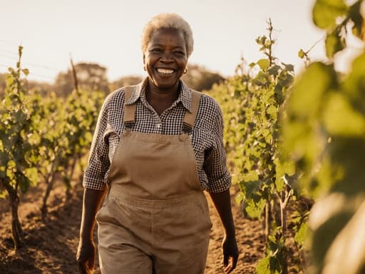 60대 아프리카계 여성이 체크무늬 셔츠와 작업용 바지를 입고, 햇살이 비추는 농장에서 농작물을 살펴보며 미소 짓고 있는 모습.
