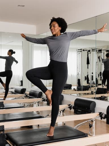 40대 아프리카계 여성이 편안한 필라테스 복장, 긴 팔 티셔츠와 레깅스를 입고 있는 전신 샷입니다. 그녀는 점프하는 자세로 균형을 잡고 있으며, 무관심한 표정을 짓고 있습니다. 배경은 거울과 다양한 필라테스 기구가 배치된 깔끔하고 현대적인 필라테스 스튜디오로, 그녀의 우아한 동작과 차분한 환경을 강조하고 있습니다.