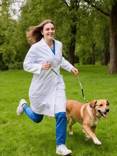 20대의 유럽계 여성의 전신 사진으로, 그녀는 반려동물과 함께 공원에서 달리며 의사 가운과 운동화를 착용하고 있습니다. 한 손에는 진료 도구를 들고 있으며, 전문성과 활기찬 기운이 조화를 이루는 모습이 푸른 잔디와 나무가 있는 배경에서 잘 드러납니다.