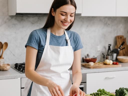 20대 유럽계 여성이 흰색 앞치마를 입고 캐주얼한 티셔츠와 청바지를 착용한 채, 현대적인 주방에서 즐겁게 요리 준비를 하고 있습니다. 그녀는 조리대 위의 신선한 재료를 손으로 만지며 활기찬 표정을 짓고 있으며, 깨끗하고 현대적인 주방 환경이 배경으로 펼쳐져 있습니다.