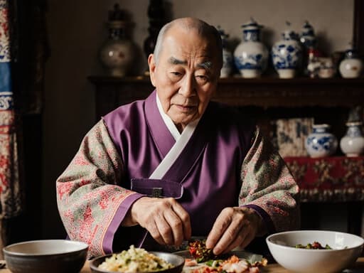 이 이미지는 80대 아시아계 남성이 전통 한복을 입고 아늑한 전통 장식이 있는 거실에 앉아 있는 모습을 담고 있습니다. 그는 평온한 표정을 지으며 전통 음식을 만들기 위해 재료를 정리하고 있어, 평화롭고 문화적인 유산을 전달하고 있습니다.