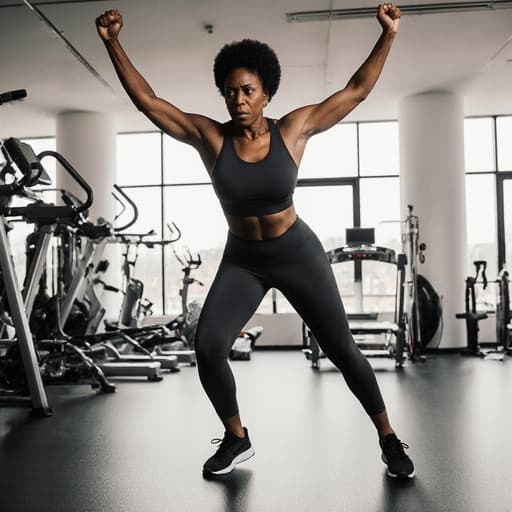 40대의 자연스러운 외모를 지닌 흑인 여성의 반신 사진. 스타일리시한 운동복과 스니커즈를 착용하고 있으며, 긴장한 표정을 지으며 몸을 앞으로 기울이고 팔을 위로 뻗고 있는 모습이 넓고 현대적인 운동 센터에서 촬영되었으며, 에너지와 집중의 본질을 포착하고 있습니다.