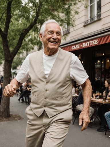 80대 혼혈 남성이 편안한 면 티셔츠와 가벼운 바지, 조끼를 입고 고마운 미소를 지으며 가벼운 점프를 하고 있습니다. 배경은 사람들로 가득한 아늑한 카페 테라스와 푸르른 나무들로 둘러싸인 모습으로, 따뜻하고 초대하는 분위기를 연출합니다.