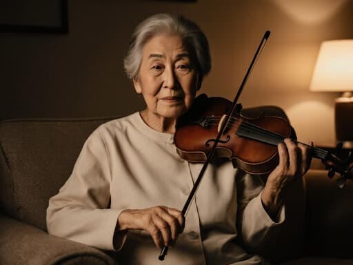 아늑한 거실에서 따뜻한 조명 아래 소파에 앉아 있는 80대 한국인 여성의 편안한 반신 사진입니다. 편안한 집안복을 입고 악기를 들고 여유롭고 만족스러운 표정을 지으며 음악을 연주하고 있는 모습이 담겨 있습니다.