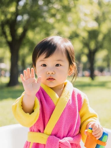 밝은 색상의 목욕 가운을 입고 목욕 장난감을 들고 지루한 표정을 지으며 손을 흔드는 귀여운 1세 동양인 여성의 반신 사진을 햇살이 비치는 나무가 우거진 공원 배경에서 촬영했습니다.