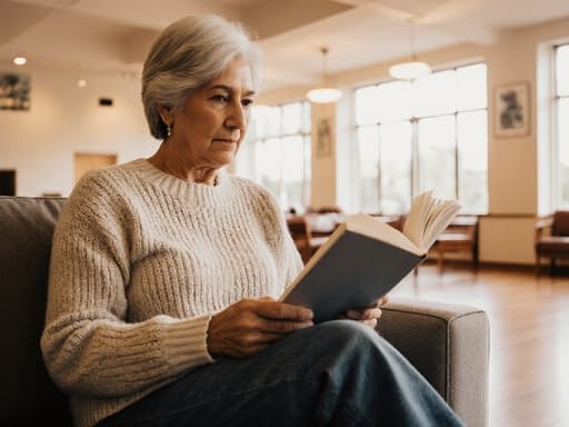 50대 라틴계 여성의 반신 촬영. 편안한 니트 스웨터와 청바지를 입고 있으며, 밝고 아늑한 커뮤니티 센터의 내부에서 비디오 통화 중 화면을 응시하며 책을 읽고 있는 모습. 따뜻하고 상호작용적인 분위기를 만들어냅니다.