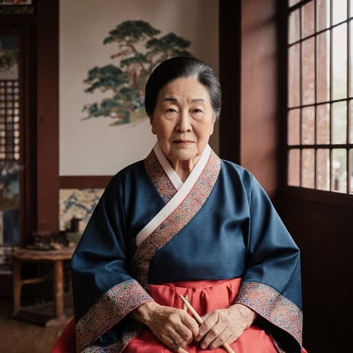 80대 아시아계 여성의 반신 사진, 전통적인 거실에 앉아 무관심한 표정으로 전통 공예 도구를 들고 있으며, 화려한 한복을 입고 한국 전통 장식으로 둘러싸여 있습니다.