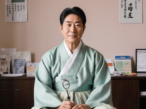 자신감 넘치는 60대 혼혈 남성이 전통 한복을 입고, 차분한 한국 한의원에서 크로스 레그로 앉아 있습니다. 그는 진단 도구를 손에 들고 있으며, 그의 전문성과 신뢰감을 보여주고 있습니다. 배경에는 차분한 색조의 벽과 한의학 관련 자료들이 배치되어 있어, 평화롭고 전문적인 분위기를 연출합니다.