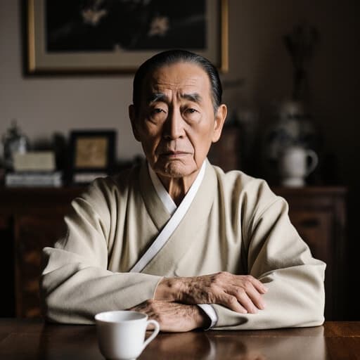 전통 한복을 입은 80대 한국인 남성이 나무 테이블에 앉아 잔을 바라보며 생각에 잠긴 모습의 반신 사진, 아늑한 거실의 전통 소품들이 배치되어 따뜻한 분위기를 자아냄.