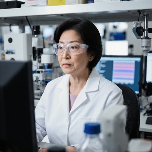 50대 동양인 여성이 실험실 가운과 안전 안경을 착용하고, 피곤한 표정으로 컴퓨터 앞에서 데이터를 분석하며 집중하고 있는 모습의 반신샷. 배경은 다양한 실험 도구와 컴퓨터 모니터가 배치된 분석실입니다.