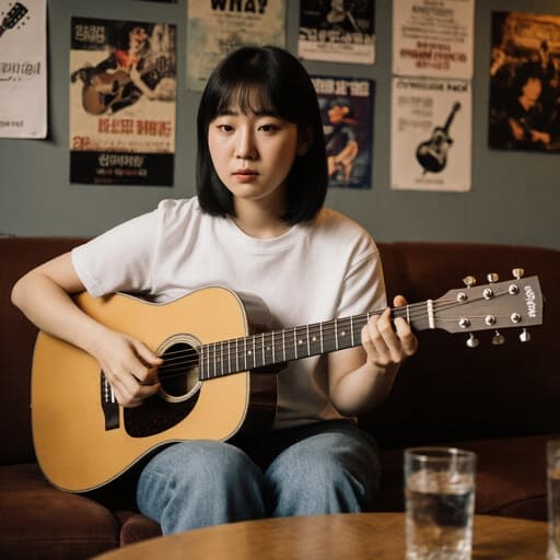 10대 초반의 한국 소녀가 아늑한 카페 소파에 앉아 편안한 티셔츠와 청바지를 입고 헤드폰을 쓰고 있다. 그녀는 기타의 줄을 살짝 만지며 약간 당황한 표정을 짓고 있으며, 음악 포스터로 장식된 따뜻한 카페 분위기 속에 있다.