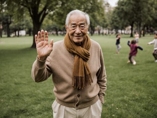 70대 혼혈 남성의 반신 사진으로, 편안한 카디건과 면바지, 따뜻한 색상의 스카프를 착용하고 있습니다. 그의 표정은 외로움과 그리움을 담고 있으며, 부드러운 미소를 지으려 하면서 손을 흔들고 있습니다. 배경은 푸른 잔디와 나무들이 있는 공원으로, 멀리 아이들이 놀고 있는 모습이 보이며, 그리움의 분위기를 더해줍니다.
