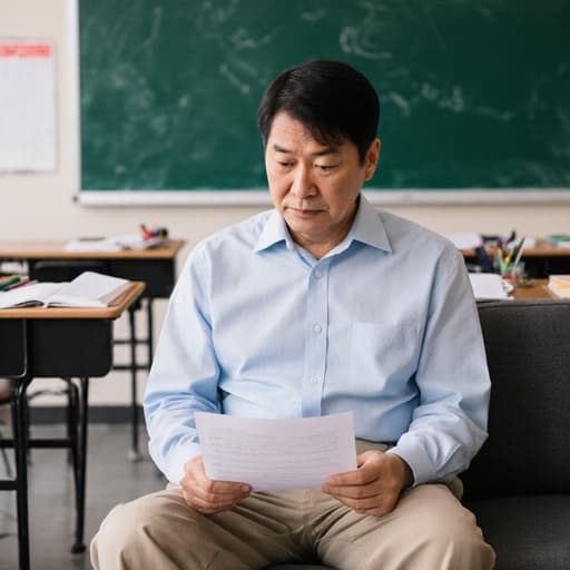 50대 동양인 남성이 편안한 셔츠와 바지를 입고 소파에 앉아 시험지를 들고 고심하는 표정을 지으며 바라보고 있는 모습의 반신 사진. 배경에는 교실의 책상과 학용품들이 놓여 있습니다.