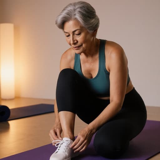 자연스러운 외모의 50대 라틴계 여성이 편안한 요가복을 입고 신발을 신으려는 자세로 한쪽 발을 들어 올리고 있는 모습의 반신 촬영. 현대적인 요가 스튜디오의 부드러운 조명 속에서 편안한 분위기를 자아냅니다.