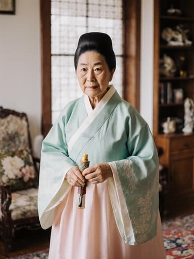 자연스러운 외모를 지닌 70대 한국인 여성이 부드러운 파스텔톤의 전통 한복을 입고, 전통 놀이 도구를 들고 무관심한 표정을 지으며 걷고 있는 반신 샷입니다. 배경은 전통 소품으로 꾸며진 아늑한 거실로, 따뜻하고 초대하는 분위기를 자아냅니다.