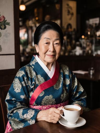이미지에는 80대의 동양인 여성이 전통적인 한복을 입고 아늑한 카페 테이블에 앉아 있는 모습이 담겨 있습니다. 그녀는 차잔을 부드럽게 들고 있으며, 피곤한 표정 속에서도 따뜻한 미소를 짓고 있습니다. 배경은 매력적인 전통 소품으로 꾸며져 있어 이 장면의 평화롭고 초대하는 분위기를 강조하고 있습니다.