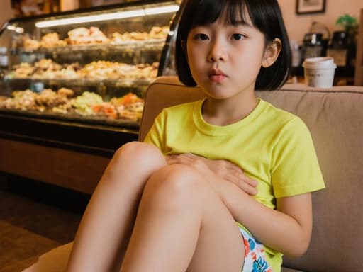 아늑한 카페에 앉아 있는 7세 동양인 소녀의 매력적인 반신 샷. 화사한 티셔츠와 반바지를 입고 있으며, 배고픈 듯 약간 찡그린 얼굴로 한 손을 배에 대고 다리를 뻗고 있습니다. 맛있는 음료와 디저트가 가득한 아늑한 분위기 속에서 환영받는 모습입니다.