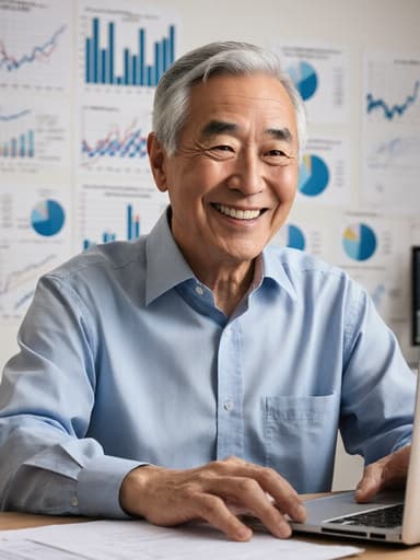 60대의 친근한 아시아 남성이 편안한 작업복을 입고 미소 지으며 노트북을 청소하는 반신 촬영. 배경에는 정돈된 책상 위에 다양한 데이터 차트와 그래프가 놓여 있어 전문적이면서도 친근한 분위기를 연출합니다.