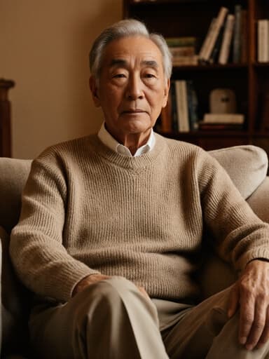 70대의 편안한 외모를 가진 동양인 남성이 반신 촬영된 모습입니다. 그는 편안한 니트 스웨터와 슬랙스를 입고 있으며, 무관심한 표정을 지으며 크로스 레그로 앉아 있습니다. 따뜻한 분위기의 아늑한 거실에서 책장과 소파가 있는 배경이 이 장면을 감싸고 있습니다. 이 이미지는 평화로운 가정 환경의 본질을 포착하며, 남성의 차분한 태도와 캐주얼한 스타일을 강조합니다.